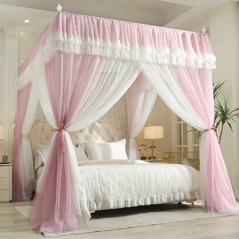 Palace Bed Mosquito Net Bed Canopy Double Layer Bed Valance for Bedroom Wedding Decoration Curtains Stainless Steel Frame