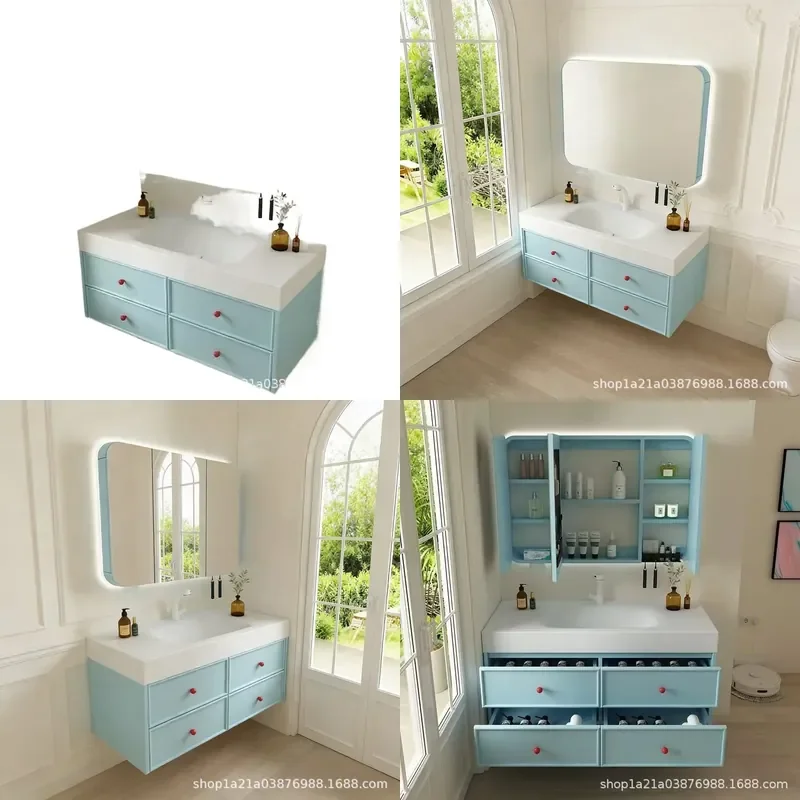 Cream Ceramic Integrated Basin Bathroom Vanity Cabinet Modern Washstand Combo for Toilet Lavatory Sink Unit Home Decor