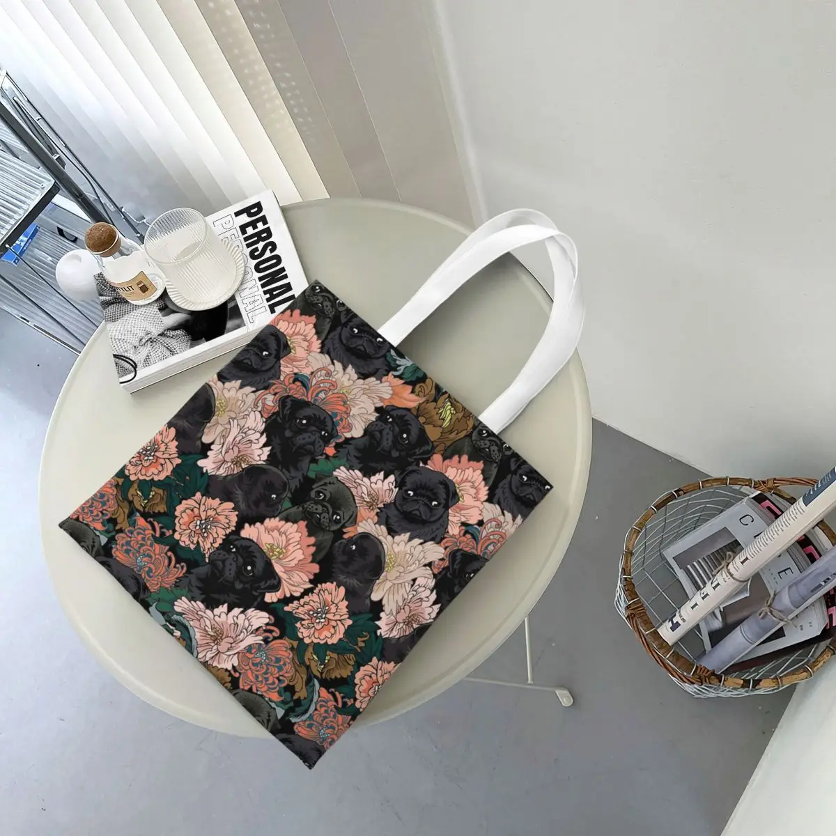 Porque Black Pug Sacos de compras Lona dobrável The Tote Bag Meninas Bolsa de ombro Bolsa de viagem