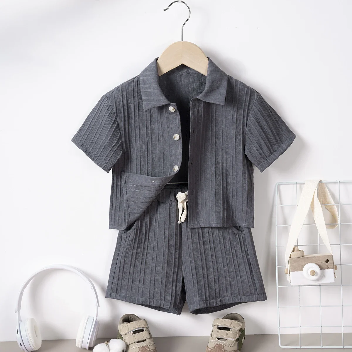 Summer Kids Clothes Two Piece Set Of Solid Color Collar Short Sleeved Shirt And Shorts Fashionable Casual Boys And Girls Suit