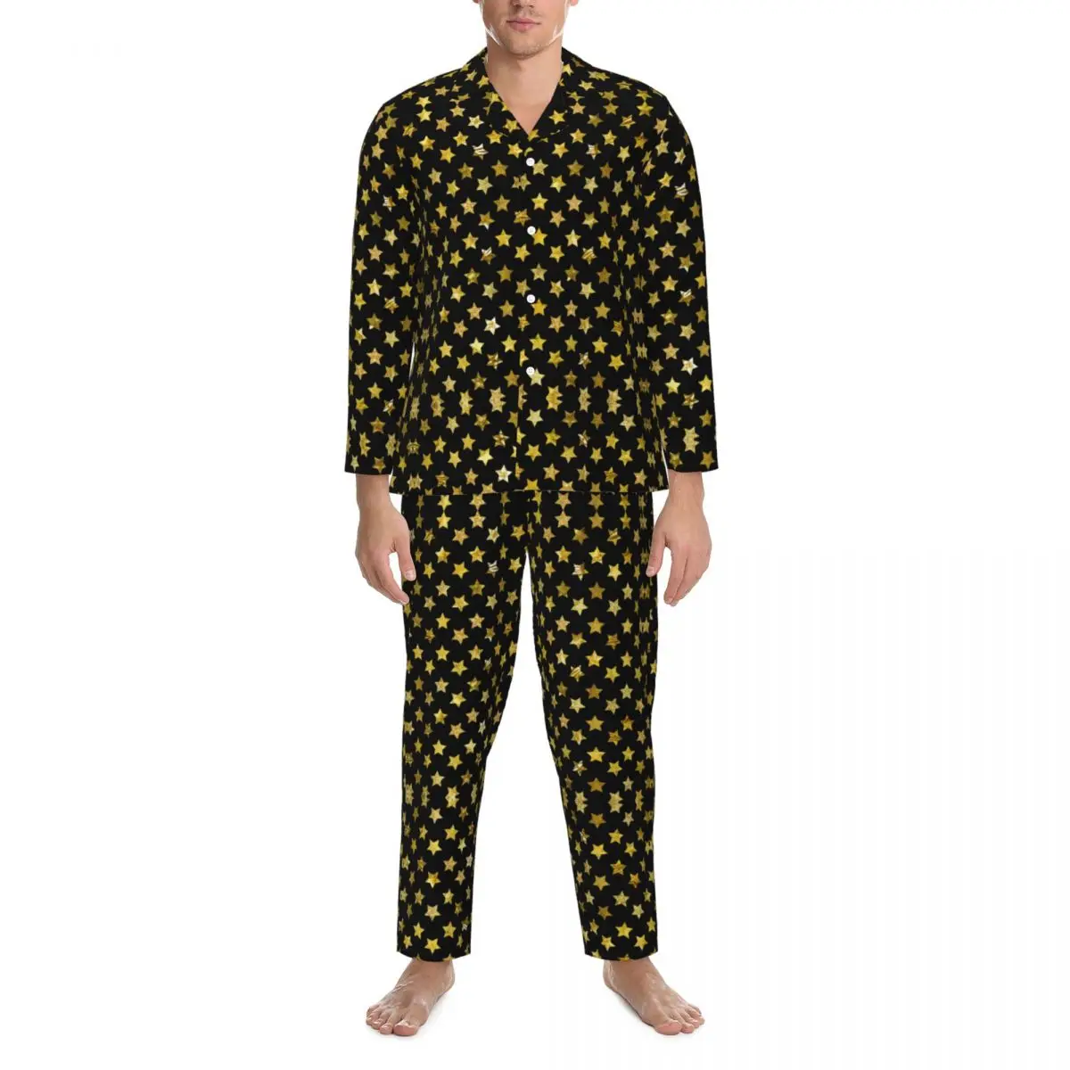 

Shiny Stars Print Sleepwear Autumn Gold Star Casual Oversize Pajamas Set Male Long Sleeve Warm Bedroom Custom Nightwear