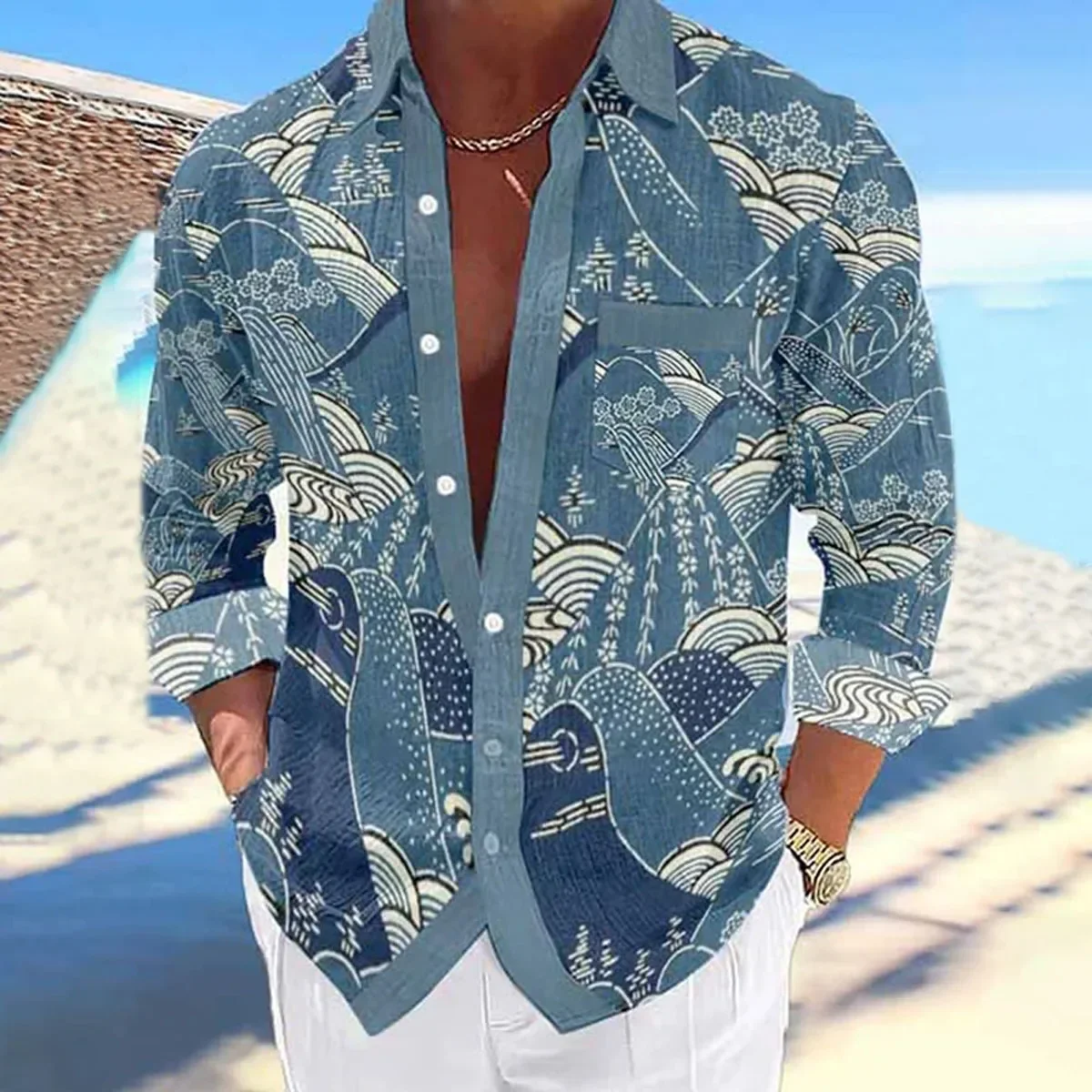 

Men's linen shirt, long sleeve shirt with 3D print from the sea wave series, casual, loose, street, outdoor vacation, art