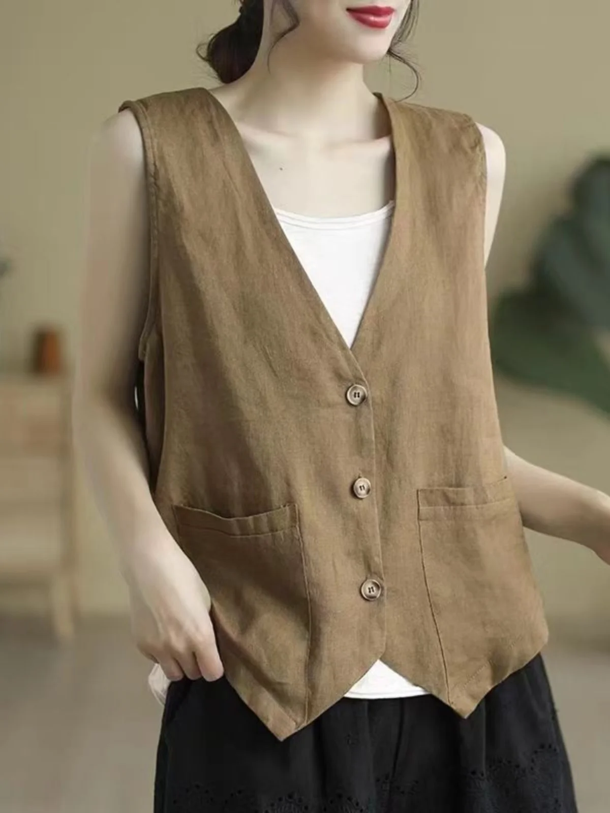 

Retro Sli Cotton Linen Single Button Vest Loose Versatile Svel Tank Top Outerwear oulder Pad ort Jaet Women T...
