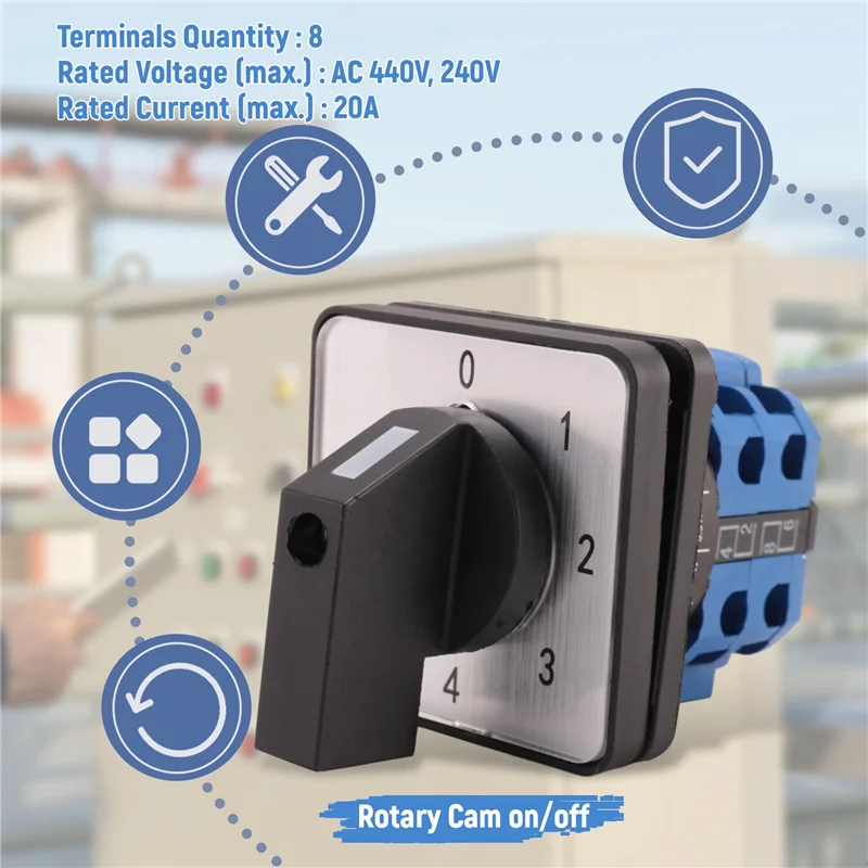 8 Terminals 5 Positions Master Control Rotary Cam Switch 20A Black+Blue-Y41A