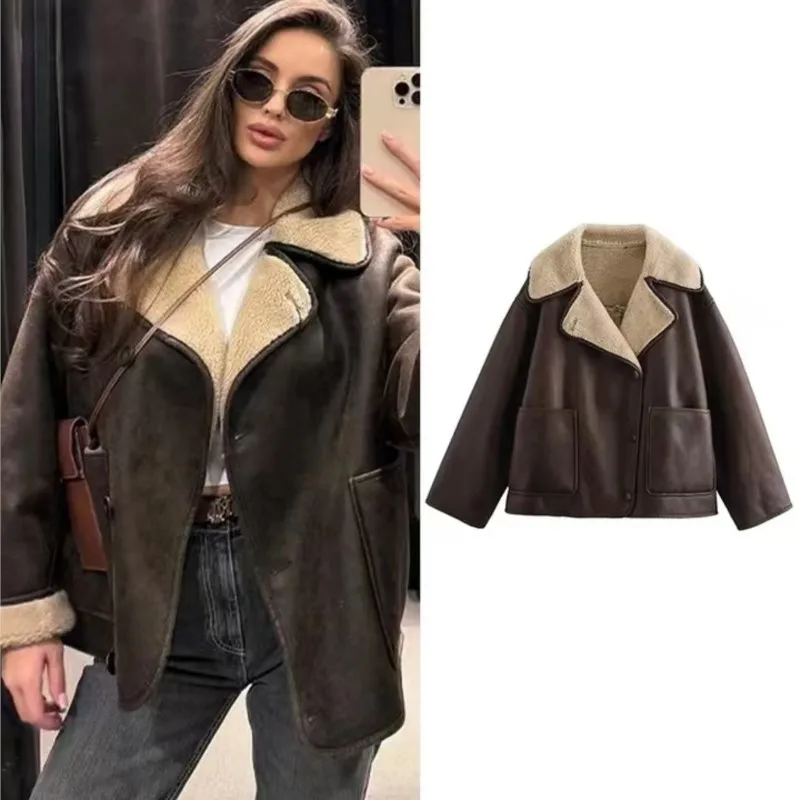 

Women's Double-sided Jacket Winter Fashion Casual Imitation Leather Jacket Single-breasted Lapel Women's New Commuter Jacket