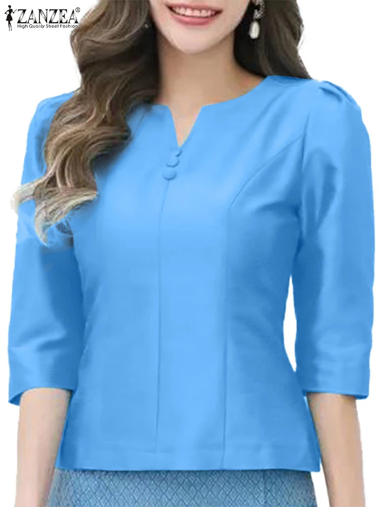 

ZANZEA Women Elegant Blouses Vintage Solid Color Tops Summer 3/4 Puff Sleeve Blusas 2025 Casual V Neck Tunics Oversized