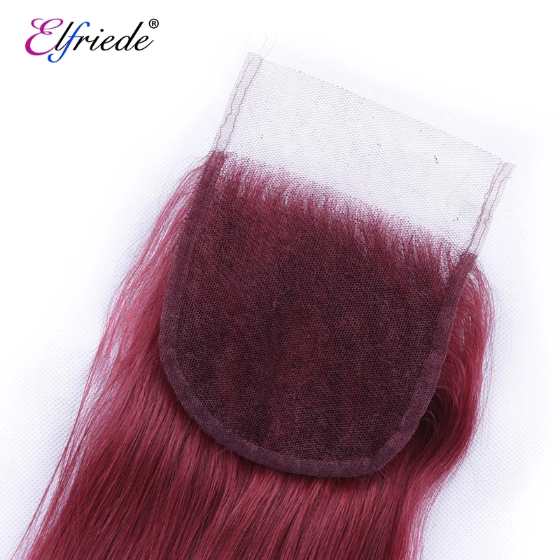 Elfriede Burgundy Straight  Hair Bundles with Closure 100% Remy Human Hair Weaves Precolored 3 Bundles with 4X4 Lace Closure