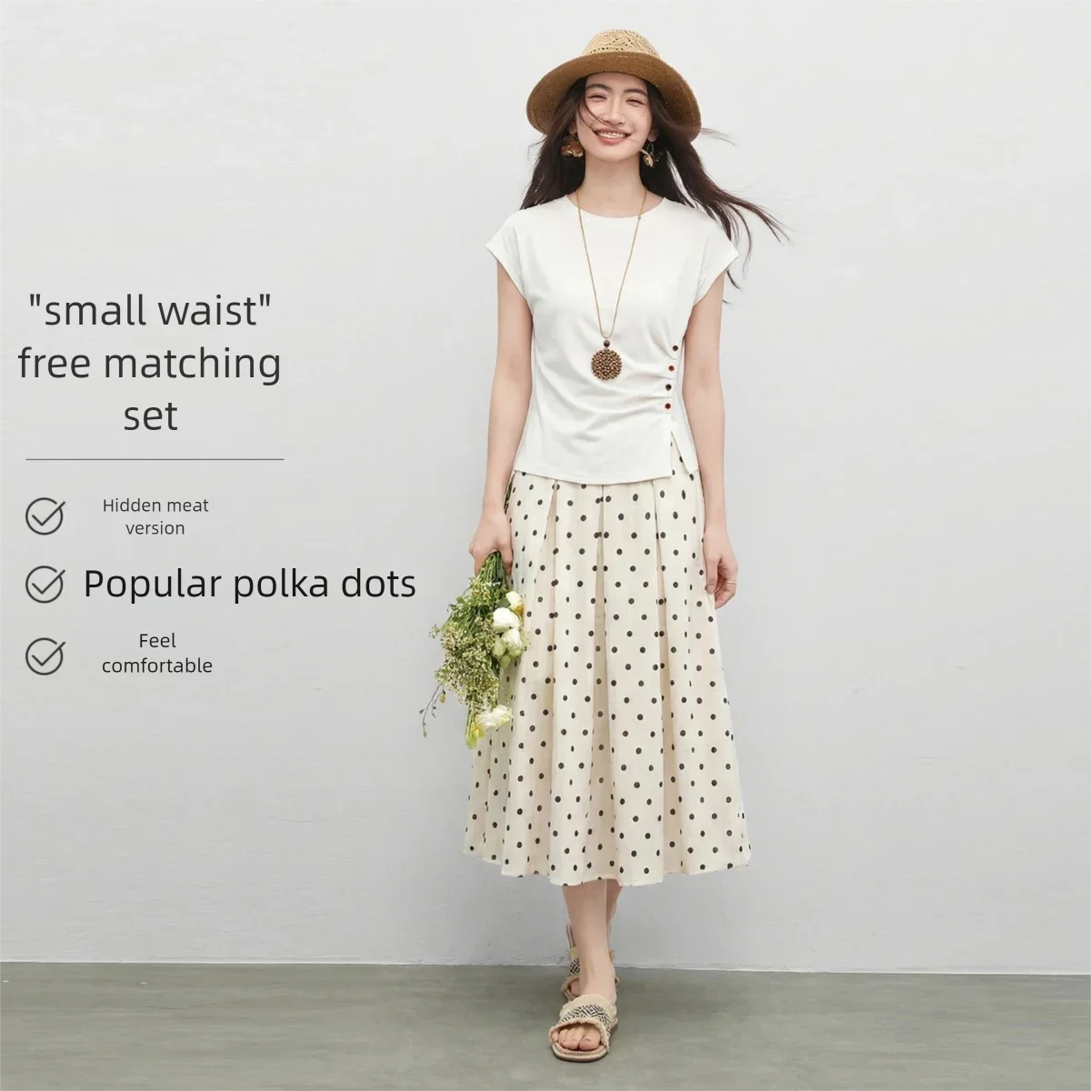 SENTUBILA Women Two Piece Round Neck with Cotton Polka Dot Print A Line Skirt Set 2026 Summer Elegant Matching Sets 162ZL6062Z view 3