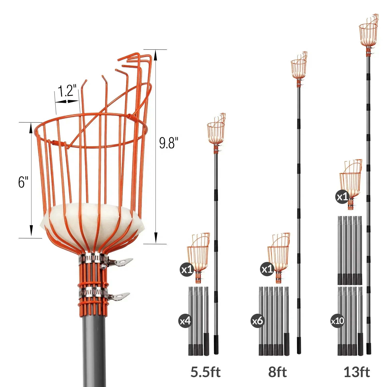 8FT Telescopic Stainless Steel Long Handle Wist-on Basket Catcher  Orange Tree Picking Pole Tool  Fruit Picker