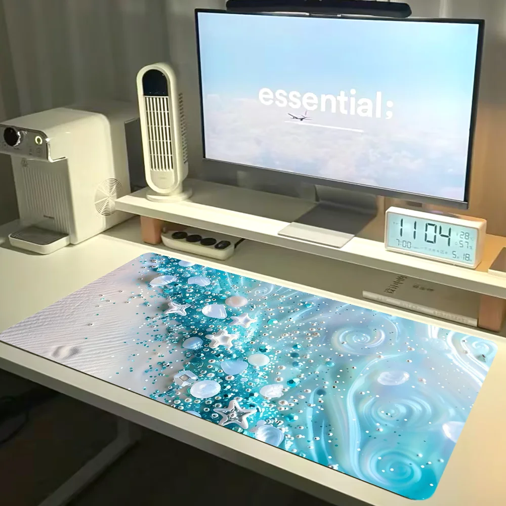 แผ่นรองเมาส์ขนาดใหญ่ ลายเปลือกหอยสีน้ำเงิน แผ่นรองโต๊ะพร้อมขอบเย็บ แผ่นรองเมาส์กันลื่นขนาด XL ฐานยาง แผ่นรองโต๊ะสำหรับสำนักงานและบ้าน