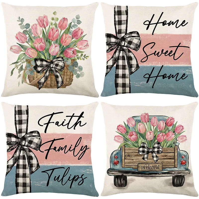 VIKAMA Tulip Floral Cushion Cover Pink and Blue Checkered Bow Cushion Cover English Alphabet Sofa Decorative Cushion Cover