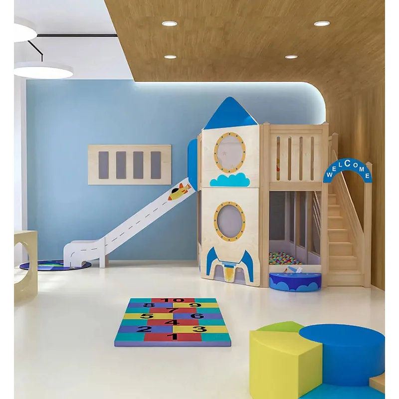 high quality Playground Wooden Indoor Theater Blue Rocket Children's Playhouse Attic with Slide Kindergarten