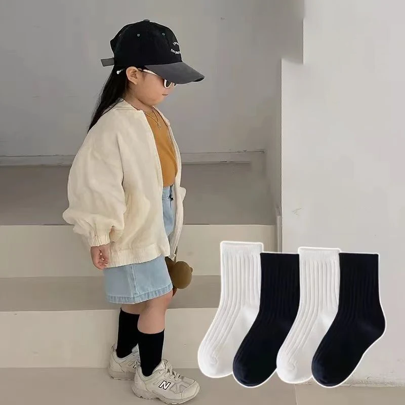 4 Pairs Baby Socks Spring Autumn Pure Cotton Mid-Tube Solid Color Kids Socks Black White Student Children'S Socks