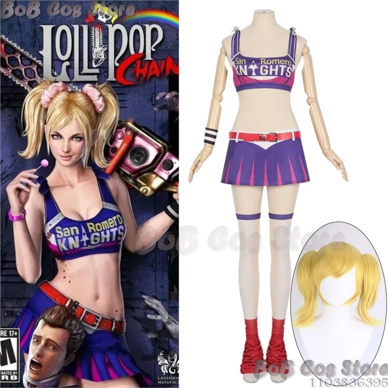 Juliett Cosplay Costume pour femme, Lolliipopp Game Chainsaw Prop, Perruque blonde, Uniforme sexy Battle Cheering Squad, Robe violette d'Halloween