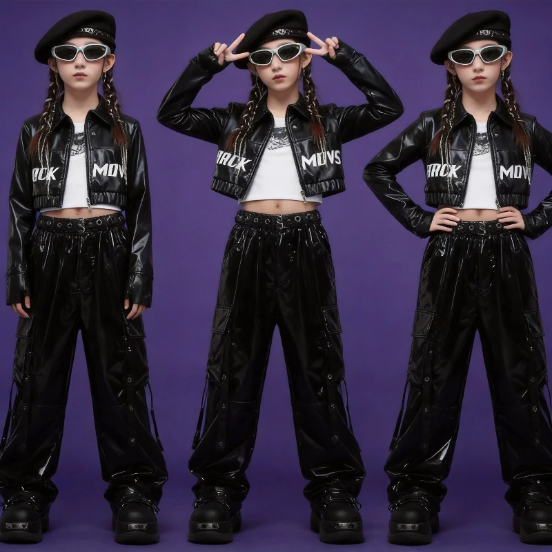 Conjunto de Ropa de Baile Urbano para Niñas, Chaqueta de Cuero Negra y Plateada, Pantalones Cargo, Atuendos de Hip Hop para Actuaciones, Traje de Grupo Kpop para Escenario