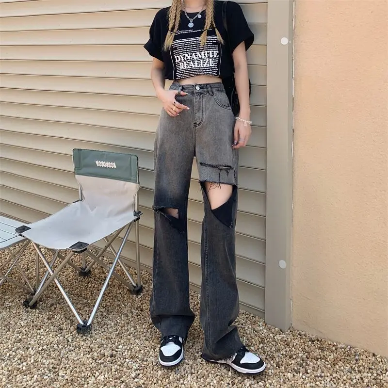2023 New Gradient Perforated Jeans Women's Loose Design High Waist Wide Leg Pants Versatile Straight Leg Pants