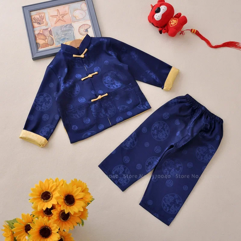 

4Colors Children Kung Fu Tang Suit Boy Baby Long Sleeve Coat Pants Kids Chinese Style Tai Chi Zen Tea Uniform New Year Outfits