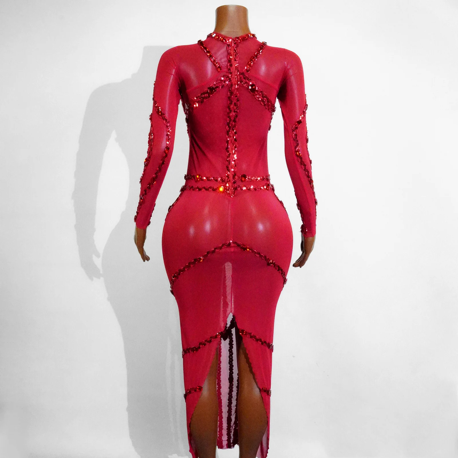 ชุดเดรสตาข่ายสีแดงแขนยาวประดับคริสตัลวิบวับ สำหรับงานวันเกิด งานร้องเพลง งานพรอม การแสดงบนเวที ไนต์คลับ ชุดคอสตูมสำหรับแดร็กควีน