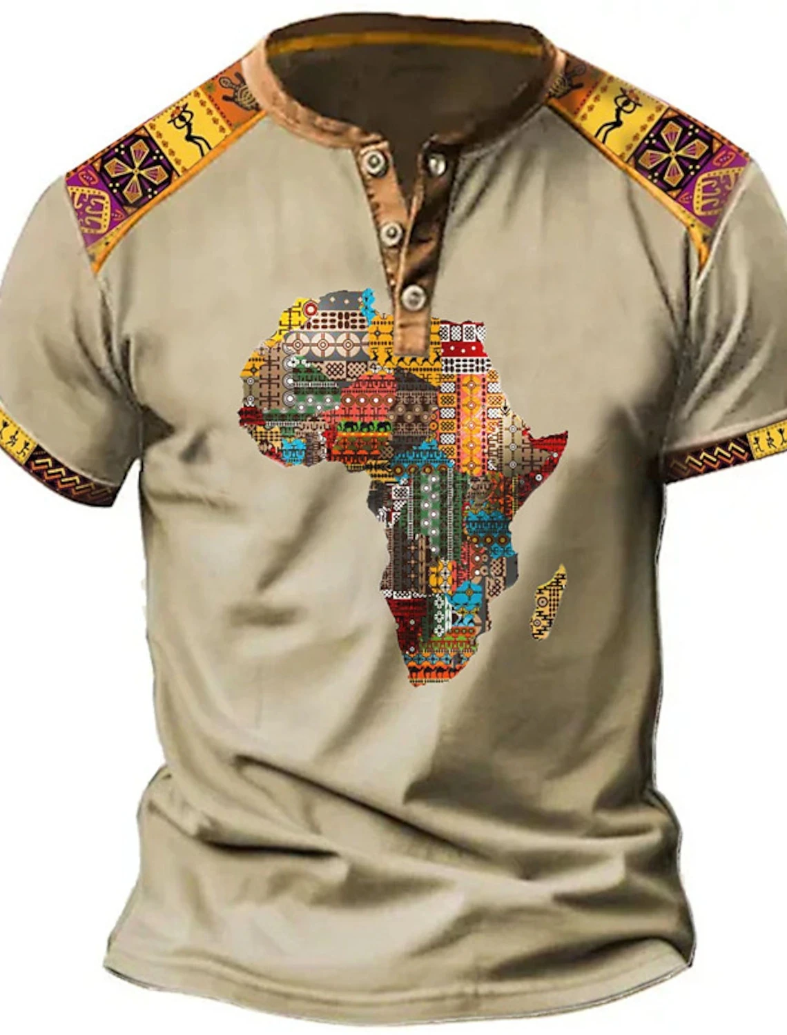 Vintage Men\'s T Shirt Africa Global 3D Printed T Shirt V Neck Button Oversized Short Sleeve Outdoor Streetwear Tops Clothing