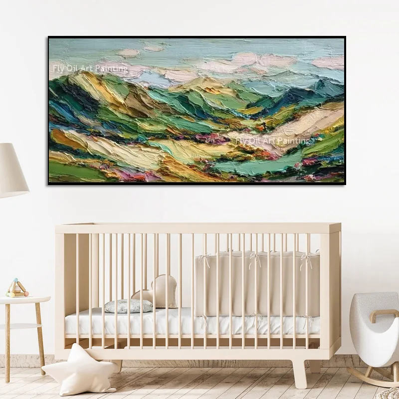 Original Green Brown Mountains Landscape Canvas Thick Artwork Hand Painted Red And Blue Points Simple Oil Painting Decor