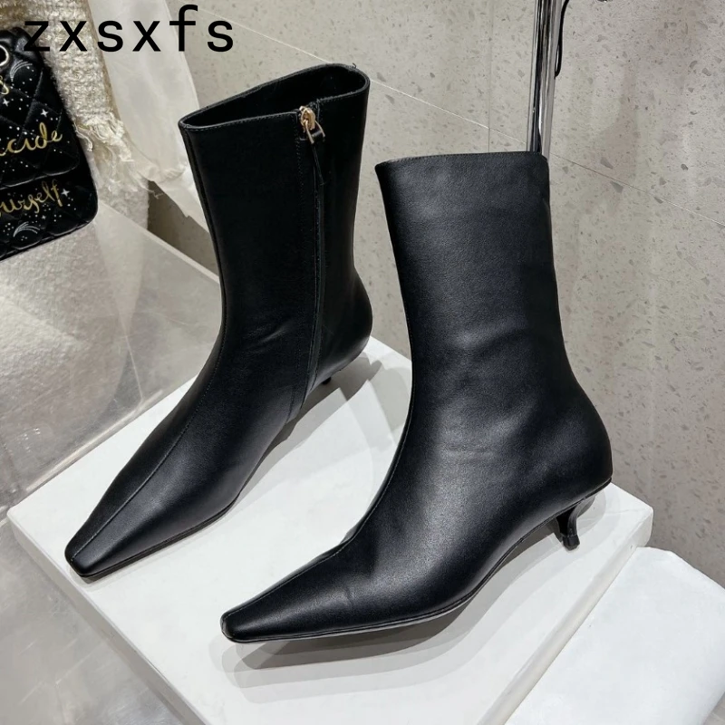 New Real Leather Ankle Boots For Women Kitten Heel Party Shoes Ladies Autumn Cowboy Short Boots Classic Botas Mujer 2024