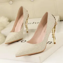 Light Luxury Sexy Women Dress Shoes 2024 Autumn Metal Flower Fashion High Heel Wedding White Pointed Sequins Shiny Female Pumps