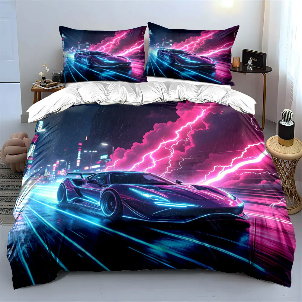 Neon Purple Sports Car City Rain Bedding Set,Lightning Night Street Racing Print Bedding,Cool Cyberpunk 3PC For Youth Boys Room