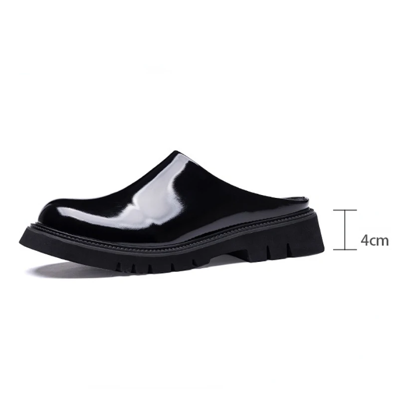 Real Patent Leather Mens Half Slippers Luxury Genuine Leather Handmade Summer Black Party Social Business Shoes Outdoor Sandals