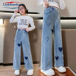 Jean ample pour enfants et adolescents, pantalon de printemps, en Denim, à jambes larges, taille haute, décontracté, couleur unie, 110-160cm