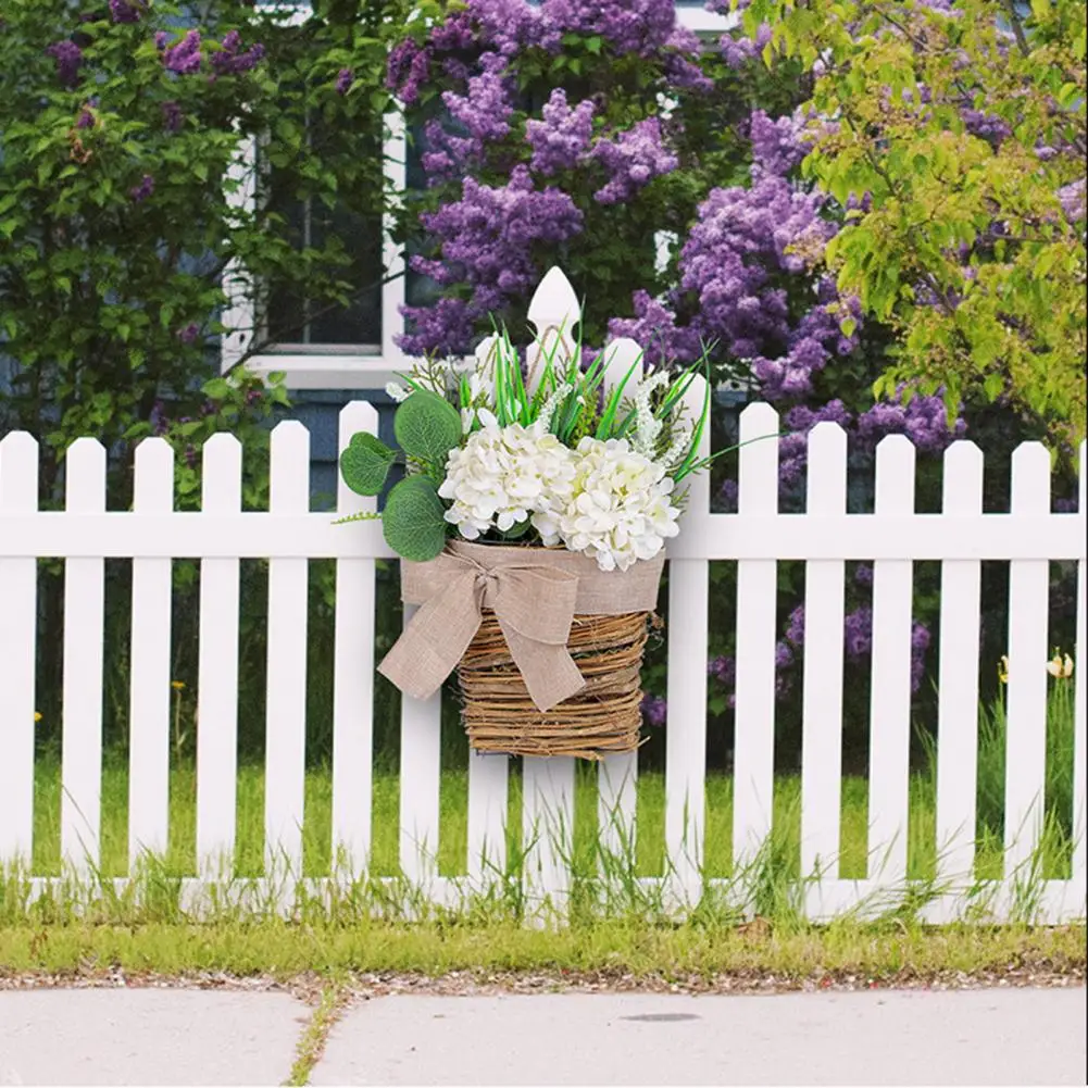 

Vintage Style Door Hanging Basket Hydrangea Rattan Flower Basket Wreath Bowknot Indoor Outdoor Window Front Door Wall for Any