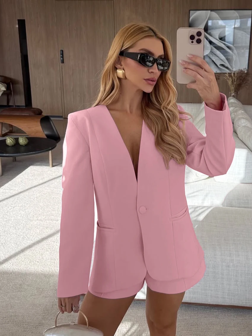 

Marthaqiqi Winter Pink Female Nightgown Set Long Sleeve Nightwear Sexy V-Neck Sleepwear Shorts Fashion Women Pajama 2 Piece Suit