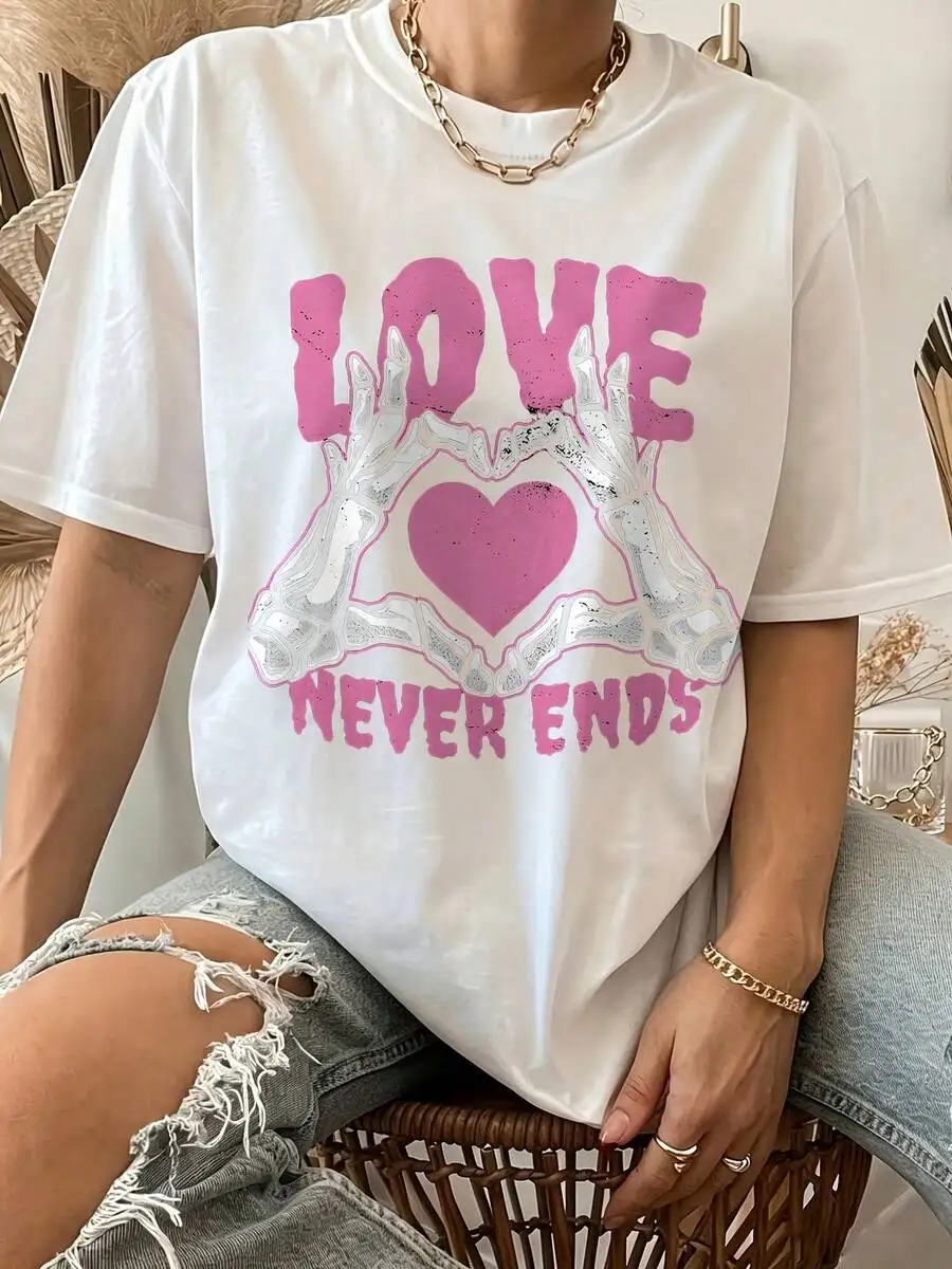 Women Loose Fit White Short Sleeve T Shirt Love Never Ends Pink Heart Hands Graphic Glitter Detail Casual Daily Tops