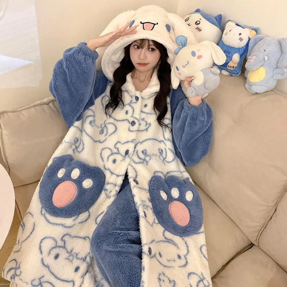 

2Pcs Anime Cinnamoroll Pajamas Pants Set for Women Pochacco Coral Velvet Winter Thickened Bathrobe Hooded Plush Home Clothes