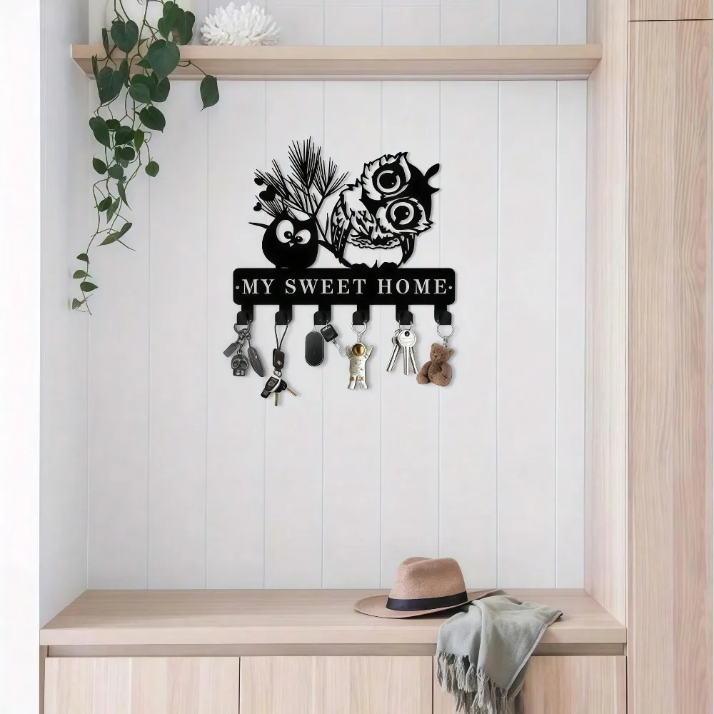 Handmade Owl Key Holder Wall Mount – Boho Metal Organizer Rack, 9.8in Entryway Decor for Keys, Hats view 2