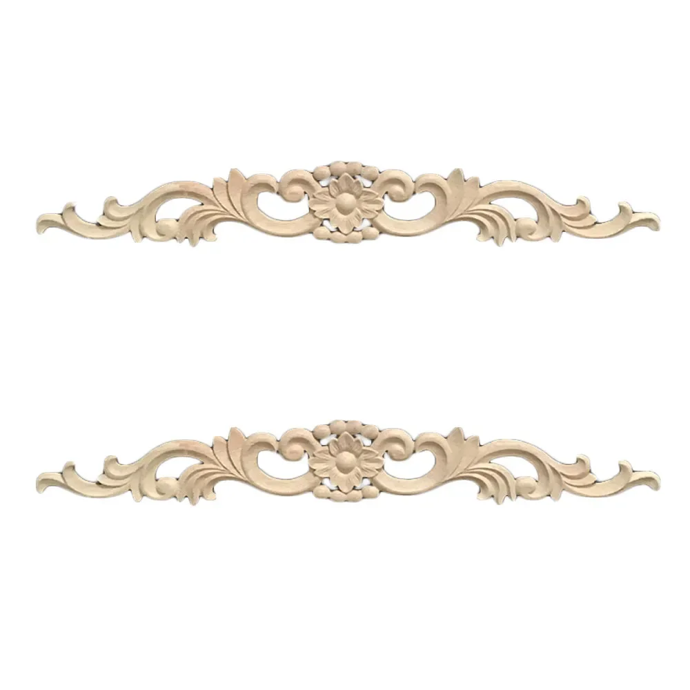 2 Pcs Long Strip Carving Natural Wood Appliques for Furniture Cabinet Unpainted Wooden Mouldings Decal Vintage Decor Accessories