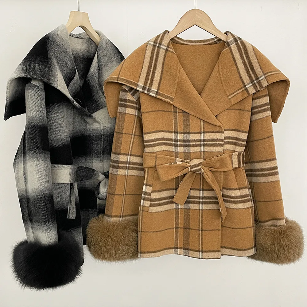 Women's Autumn and Winter New Plaid Design Cloak Coat
