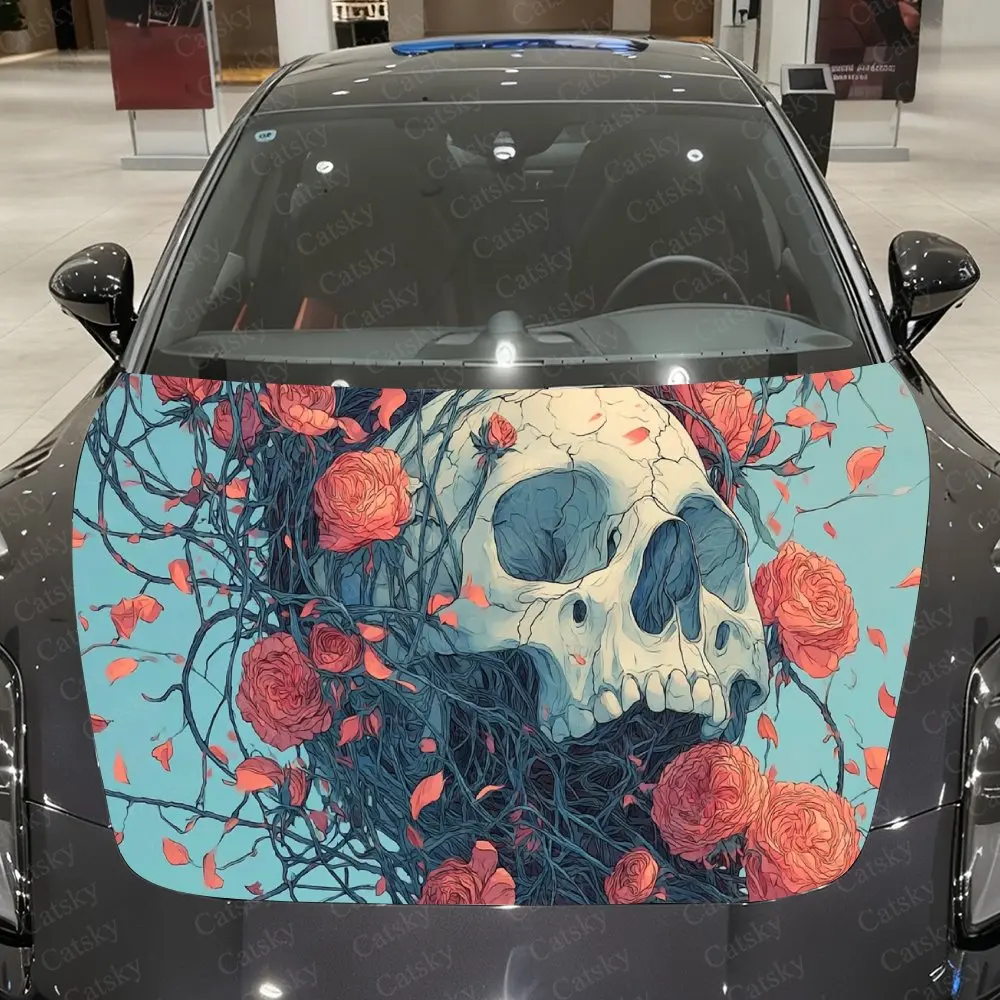 vine-grown-skull-車用ビニールラップ、pvc-防水車用フードステッカー、自己粘着性傷防止ステッカー