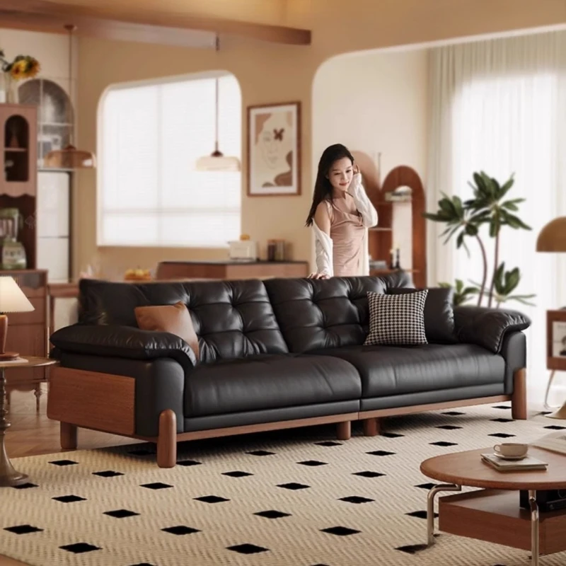 

Medieval style living room solid wood sofa three-person cloud leather sofa straight row living room black sofa