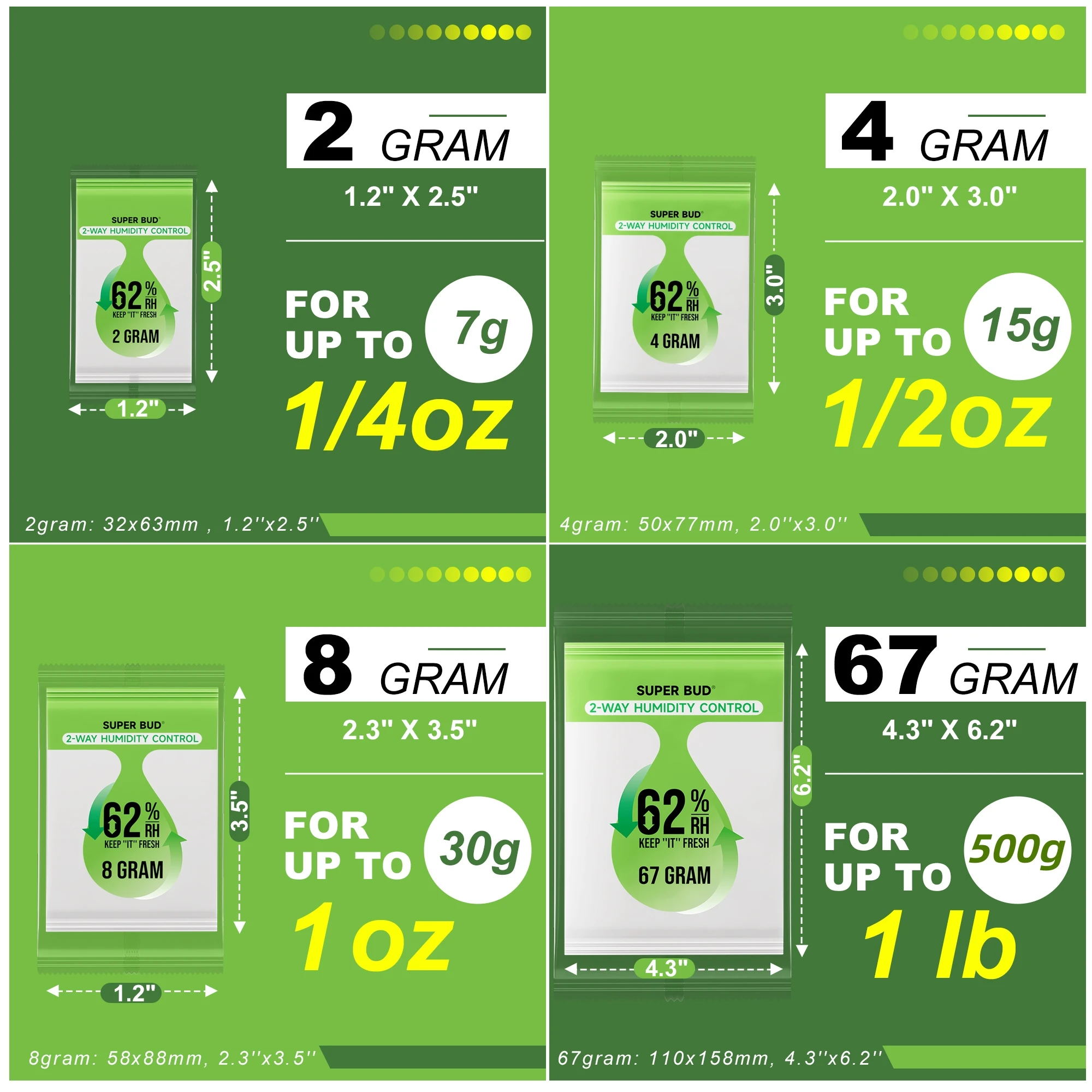 Großhandel 2-Wege-Feuchtigkeitsregulierungsbeutel Größe 4g 8g, 62% RH für bis zu 1 oz Blütenknospen, Kräuter-Feuchtigkeitsregulierer, Feuchtigkeitsbeutel