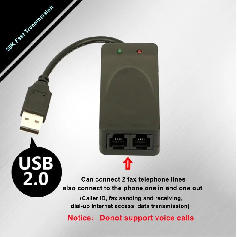 56Kbps V.92 USB to Dual RJ11 Dial Up Voice Data External USB2.0 Fax Modem