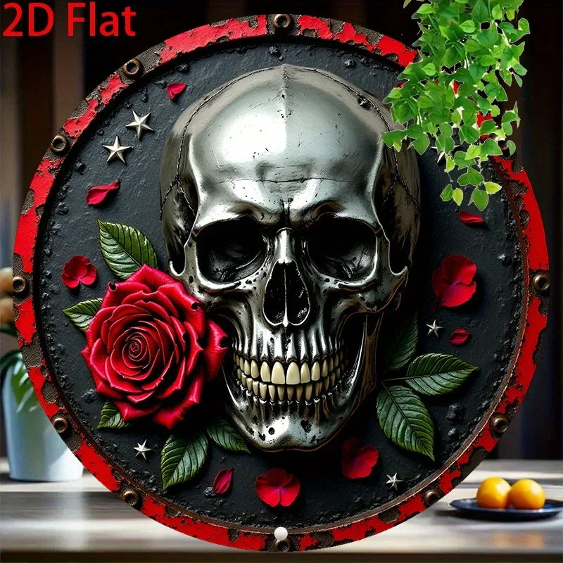 2D Flat, 1pc Vintage Gothic Metal Wall Decor - Skull & Rose design with Red Roses - Heavy Duty Aluminum Plaque - Dark Gothic Met
