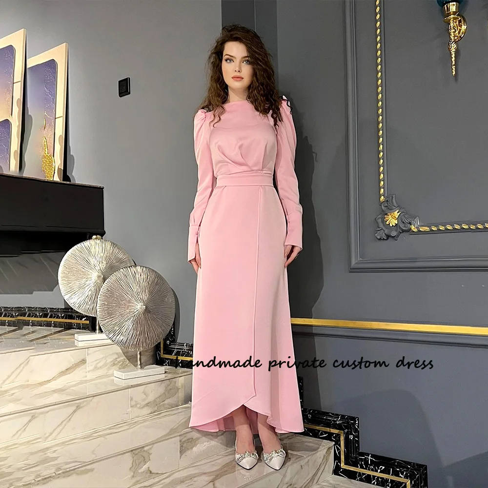 

Pink Long Sleeve Mermaid Evening Dresses Spandex Satin Maxi Elegant Banquet Prom Dress Boat Neck Women Prom Party Gowns