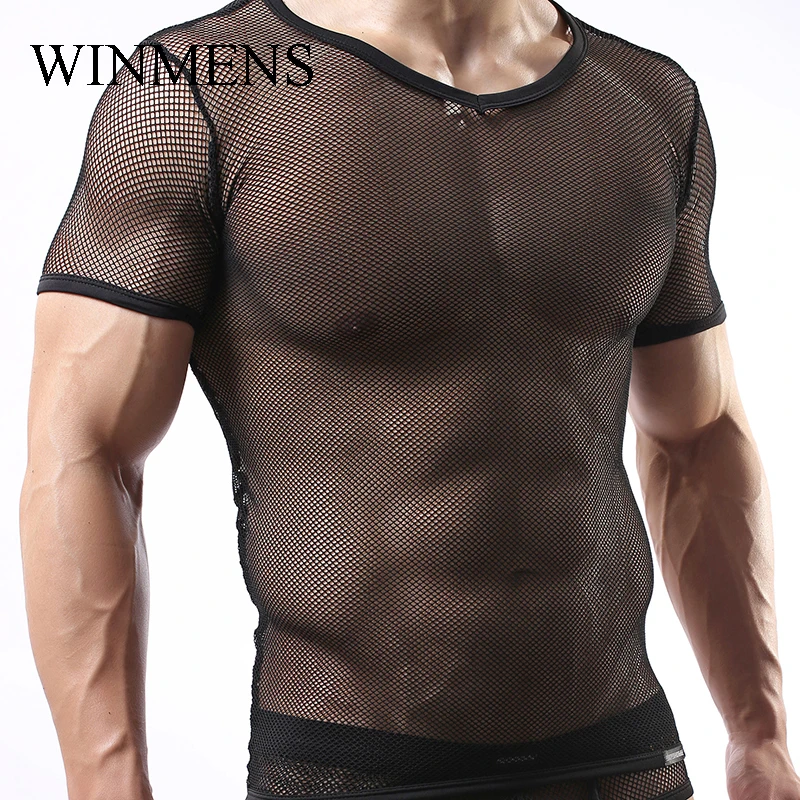 Men's See Inner Fishnet Undershirts Solid Elastic Breathable Mesh Gay Sissy Stage Show Short Sleeve Shirts V-neck Fitness Tops