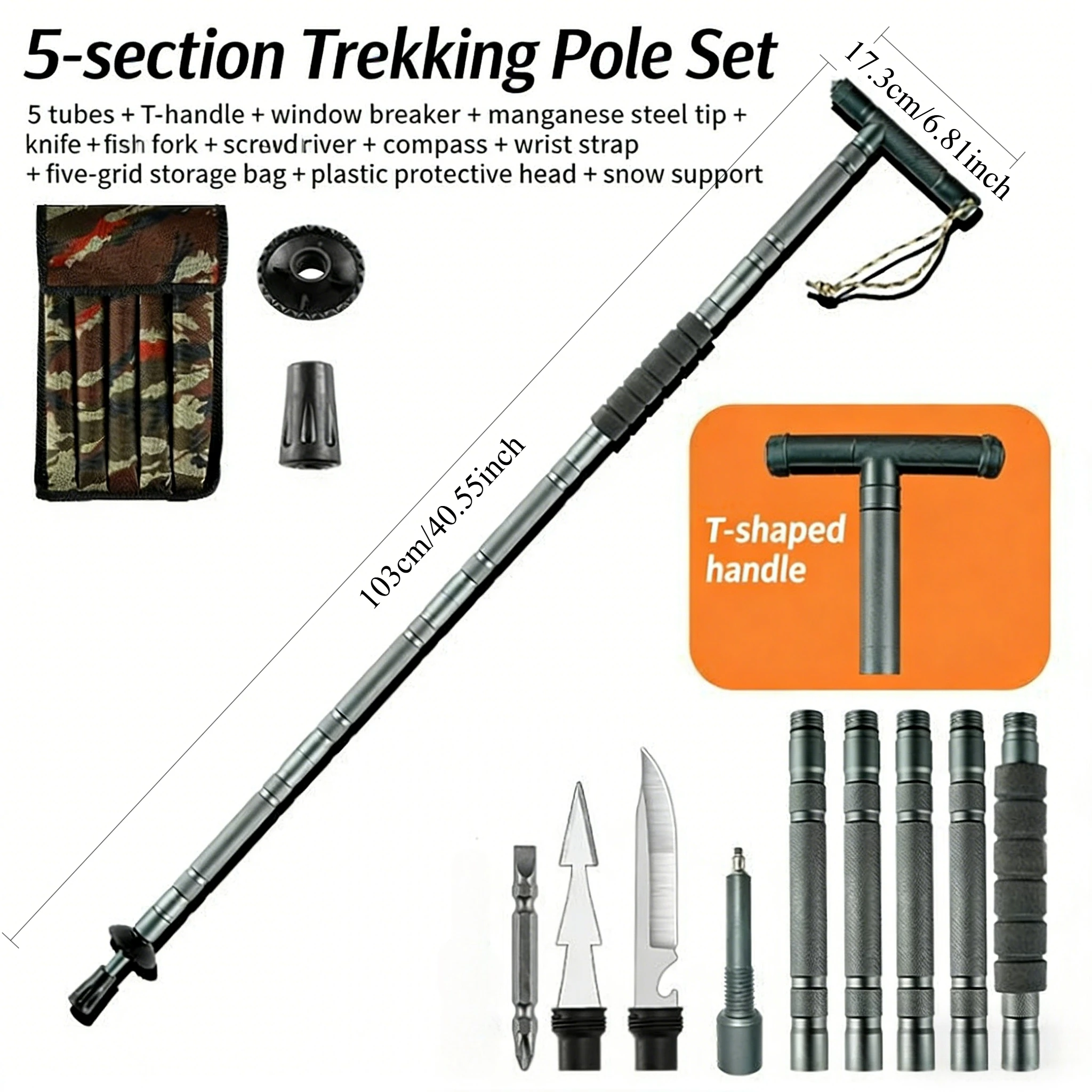 Opvouwbare trekkingstok, zware aluminiumlegering, antislip T-handvat, multifunctionele wandel- en trekkingstok voor kamperen