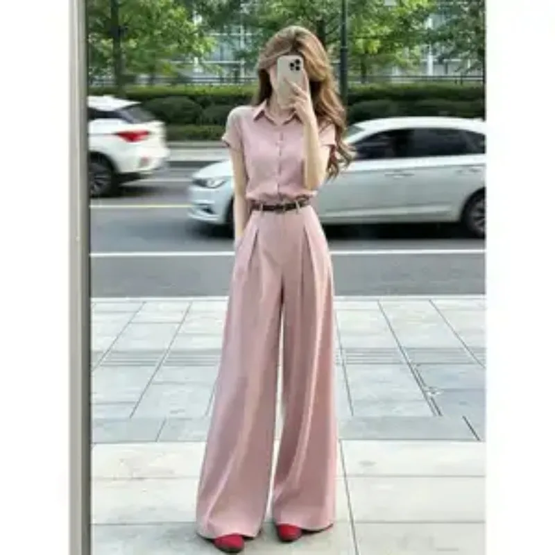 

Women's Elegant Office Outfit Short Sleeve Lapel Top and High Waist Wide Leg Pants 2 Piece Set