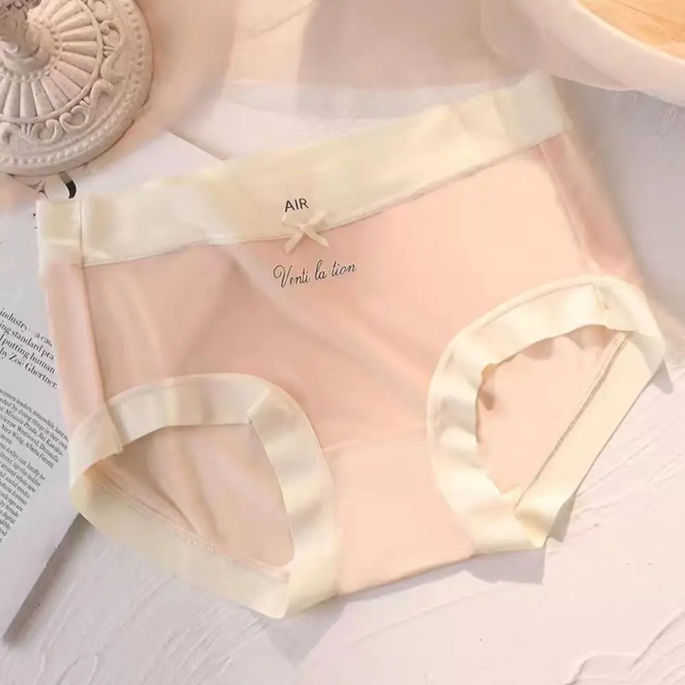 5 шт., трусики из ледяного шелка со средней талией, хлопковые бесшовные трусы с бантом и промежностью, женское нижнее белье, сетчатое нижнее белье, женские тонкие трусы