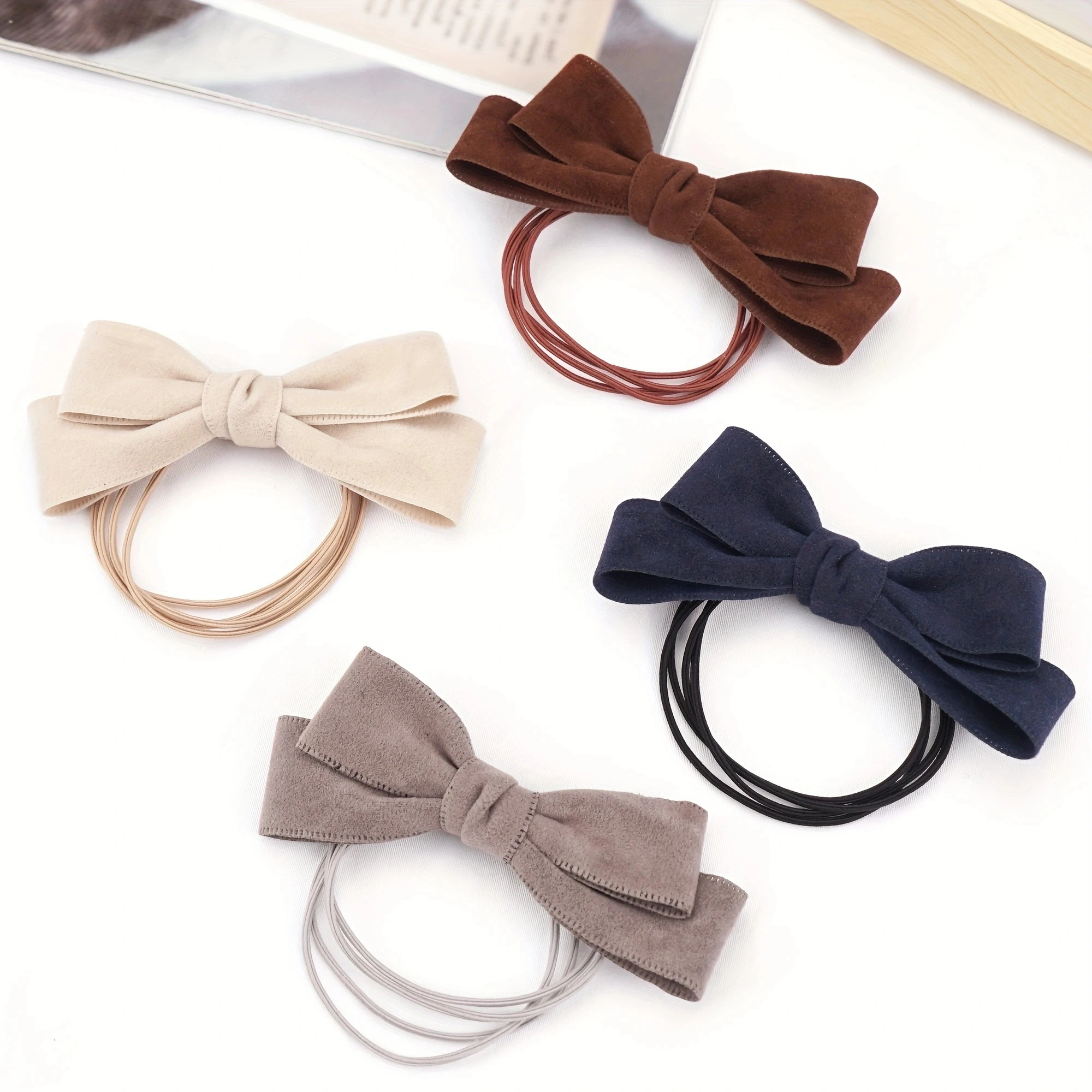 4 Pcs/set New Fashion Autumn Winter 4Inch Bow Flocking Hair Ring Elastic Hair Bands for Women Girl Hair Accessories Headwear