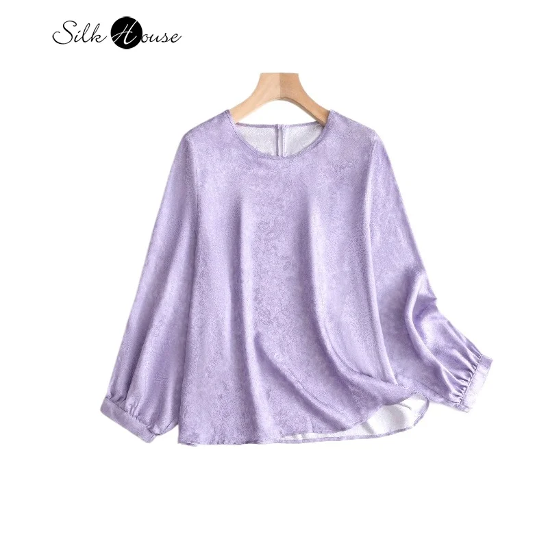 

Purple Dyeing 100% Natural Mulberry Silk Flower Luo Lantern Long Sleeve Design Loose Round Neck Casual T-shirt
