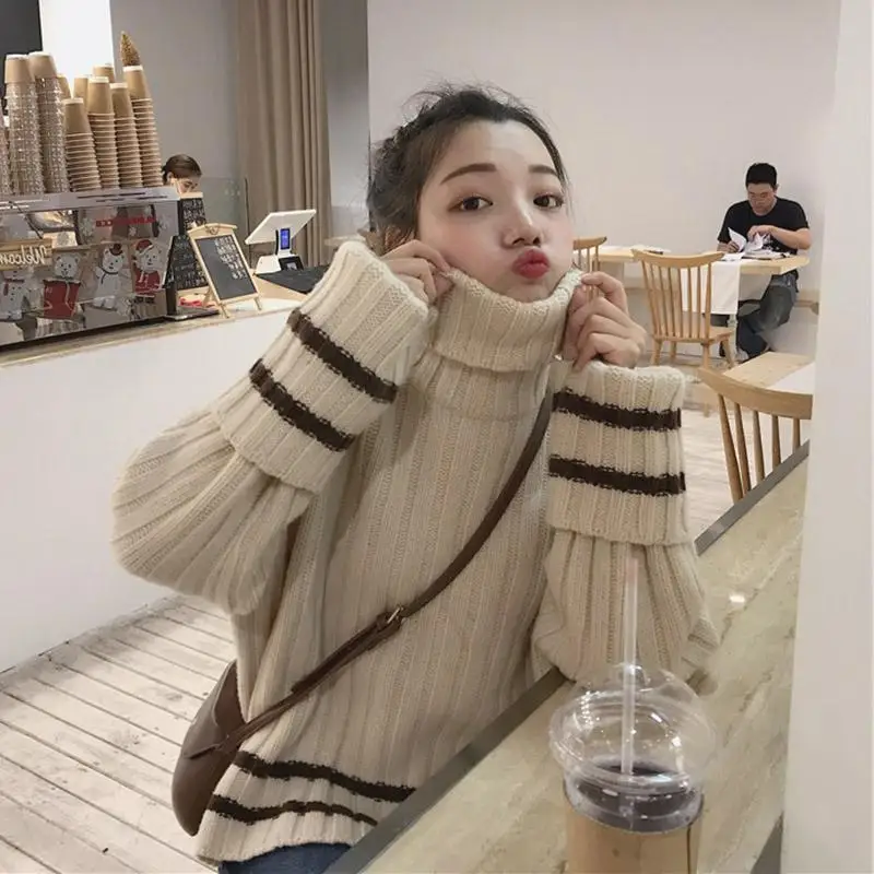 

Turtleneck Thick-Line Sweater Women Autumn Winter Japanese Fashion Lazy Style Thickened Loose Gentle Knitted Top