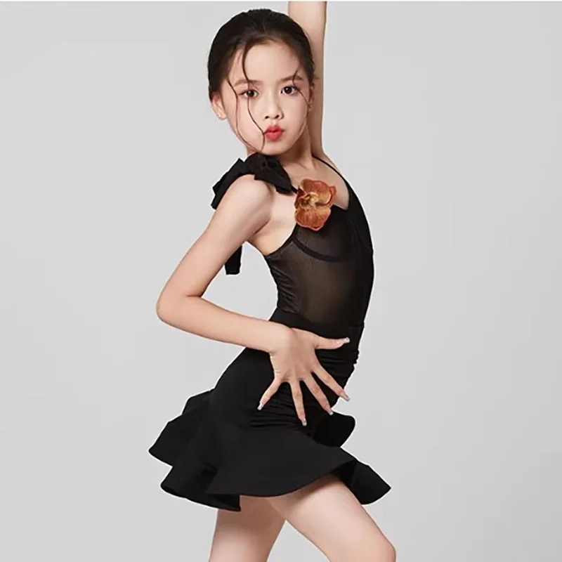 

Детский костюм для латиноамериканских танцев для девочек: боди с сетчатыми вставками и пышной юбкой, для бальных танцев, румбы, ча-ча-ча, тренировок и выступлений